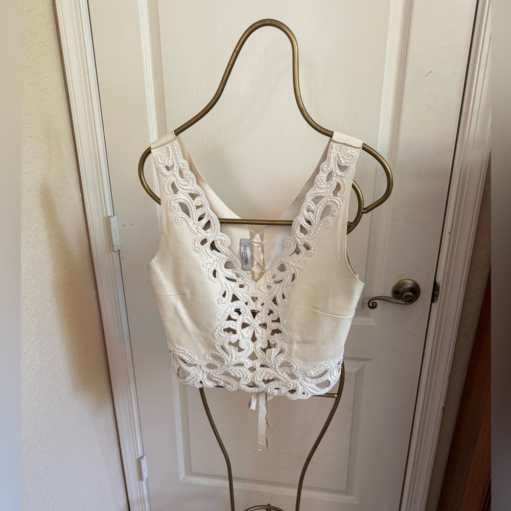 Valentino White Beaded Trim Leather Top